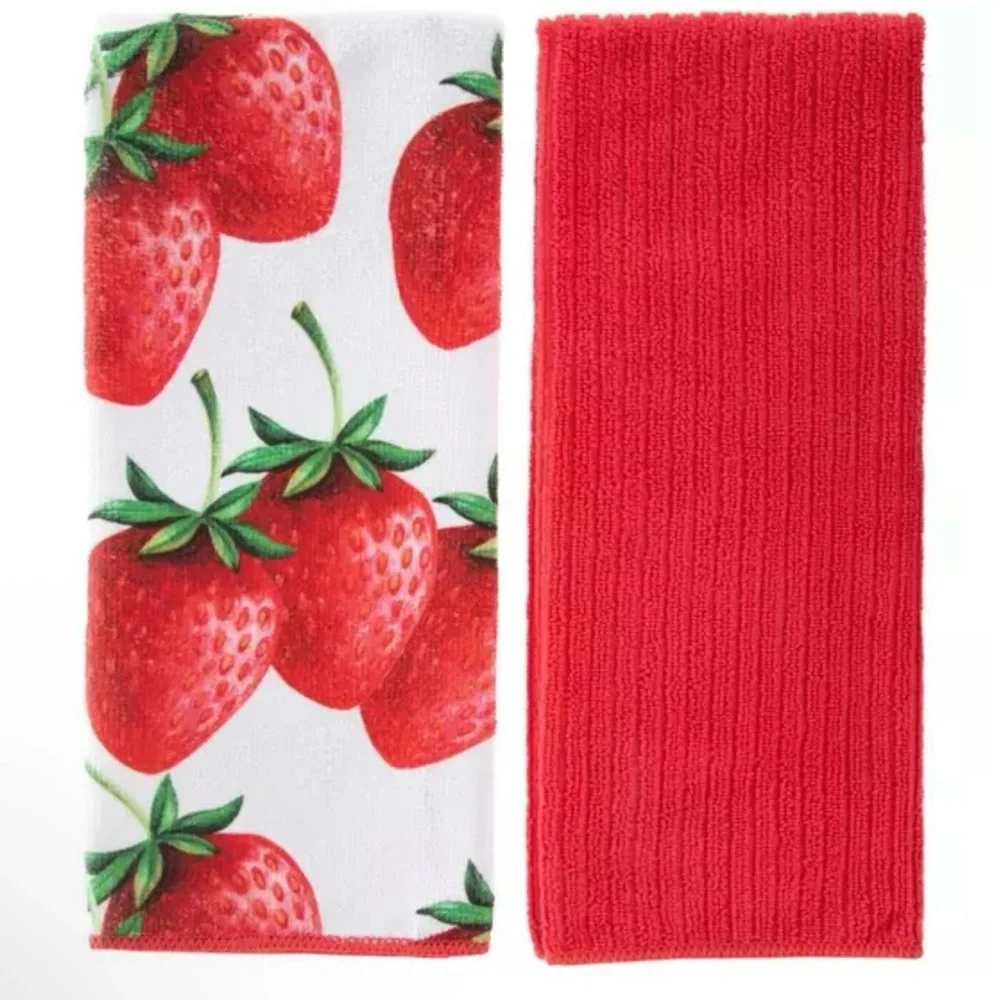 Strawberry (5) Print Kitchen Towel Set - Red and White